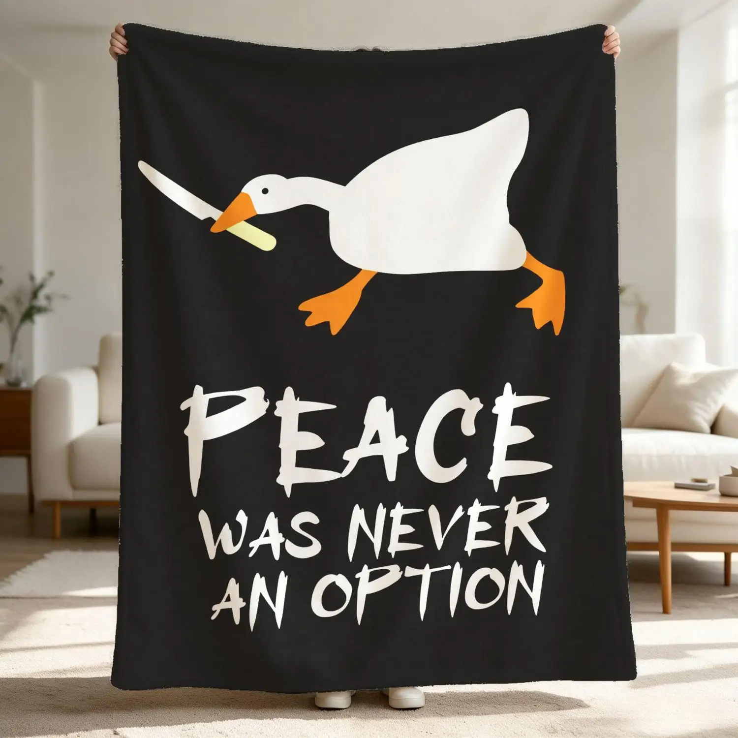 [Flannel Blanket] Funny Goose Blanket with Knife Pattern, Peace Is Never an Option, Emoji Humorous Flannel Blanket