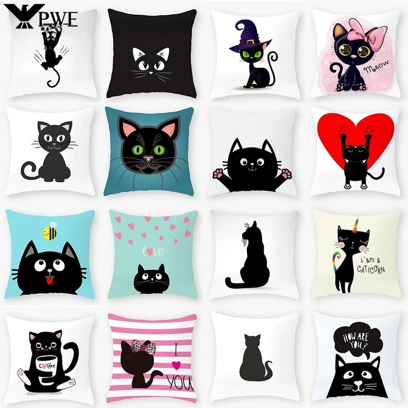 Cute Black Cat Pillowcase Cushion 45*45  Pillowcase Sofa Car Home Decoration Room Decoration Cushion Cover