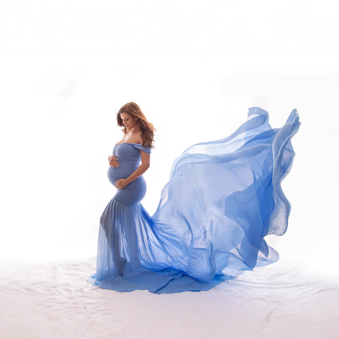 European Style Maternity Photoshoot Dress - Luxe Silk-Cotton Chiffon Gown with Butterfly Sleeves & Flowing Hem Photography