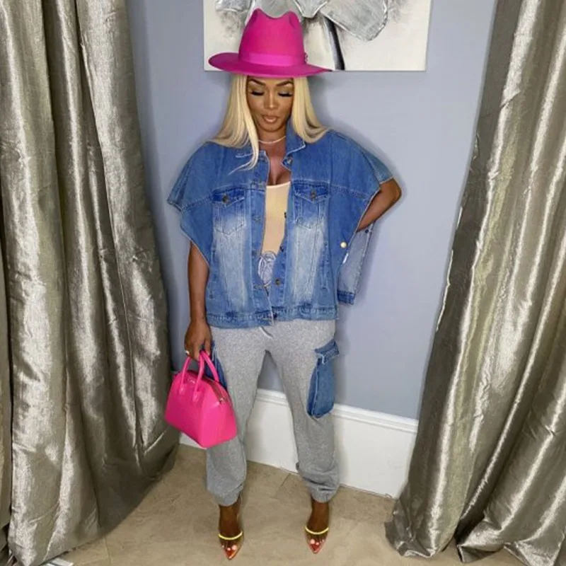 Women  New  Lightweight  Casual  Pockets  Design  Fashion  Loose  Fall  Lapel  Denim  Loose  Ripped  Long Sleeve  Short  Shawl