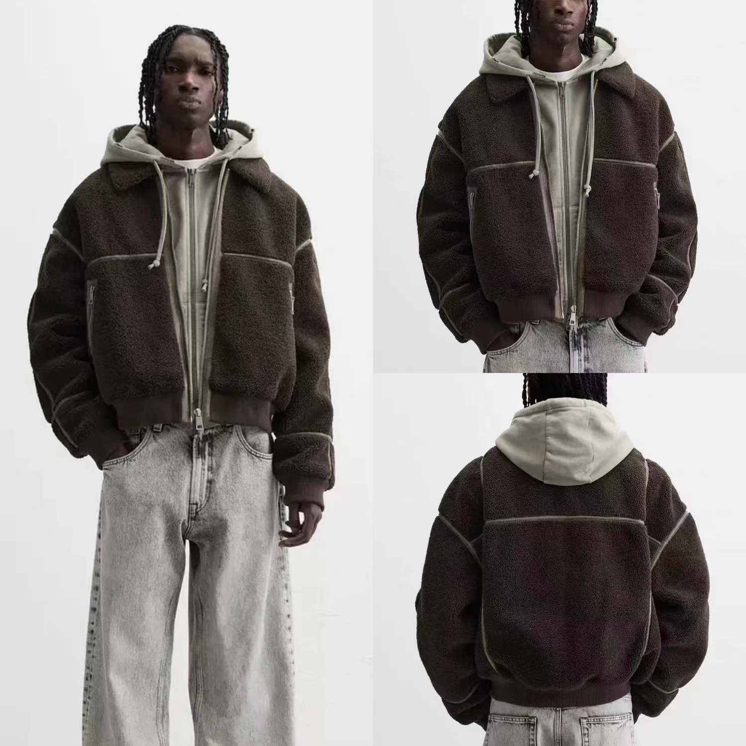 

Autumn Winter Men's Loose Fit Long Sve Fce Lined Zipper Jaet Leather Fur Inteated Color Blo Design Outerwear