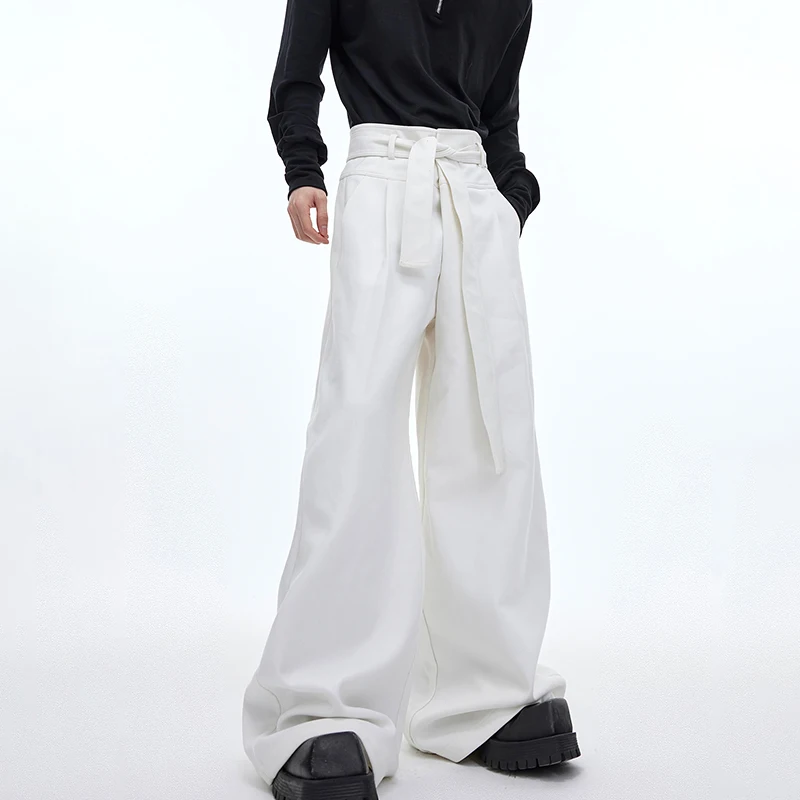 Luzhen 2025 novo cinto de cor sólida decorar calças casuais soltas masculino elegante luxo calças de perna larga bell-bottoms lz9568