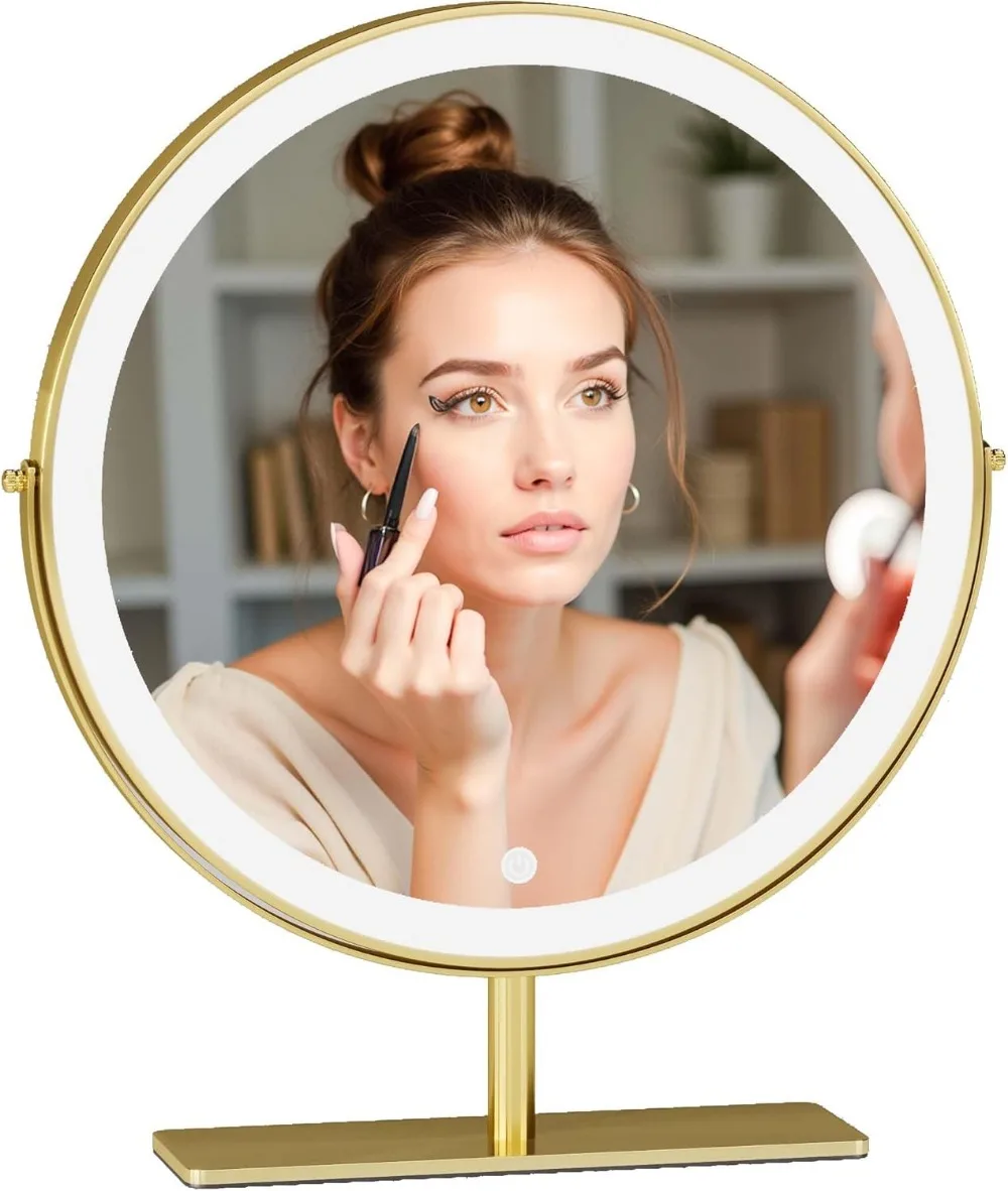 

15.8" Round Vanity Mirror with LED Lights, Touch Control, 360° Rotation, Dimmable White Golden Finish