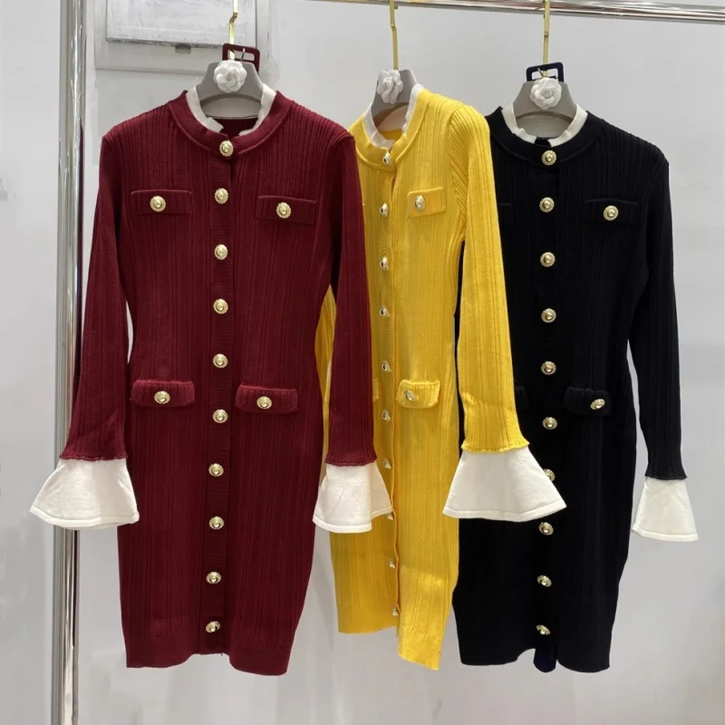 

Осень 2023, новая женская трикотажная длинная юбка с круглым вырезом и контрастными рукавами-трубой y2k, модное универсальное повседневное платье