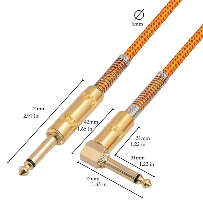 & AT27  Guitar Instrument Cable 10FT Electric Instrument AMP Cord 1/4 Inch Straight to Right Angle Gold Plated 6.35mm Cable