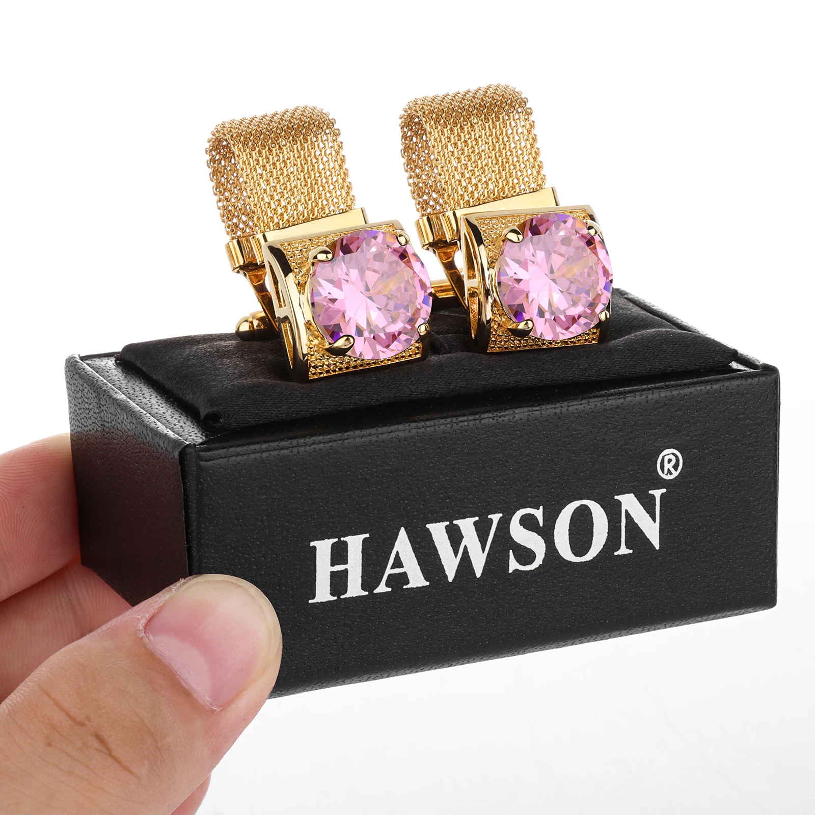 Men Birthstone Cufflinks Gold Mesh Chain Oval Crystal Zircon Cuff Links for French Shirt Birthday Gift for Men HAWSON