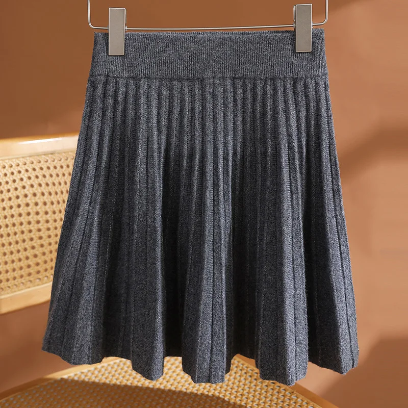 

Women 100% Merino Wool Skirt Elastic Waist A-line Mini Skirt Bright Silk Decoration Autumn Winter Umbrella Dress Pleated Skirt