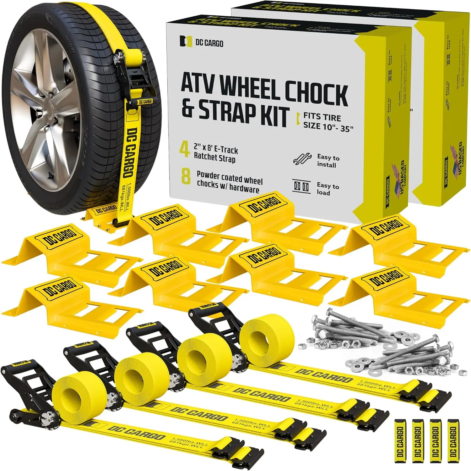 ATV & UTV Wheel Chock Tie Down Kit -4 Tire Kit with 8x E-Track Wheel Chock, 4x UTV Wheel Tie Down Straps - UTV Tie Down System