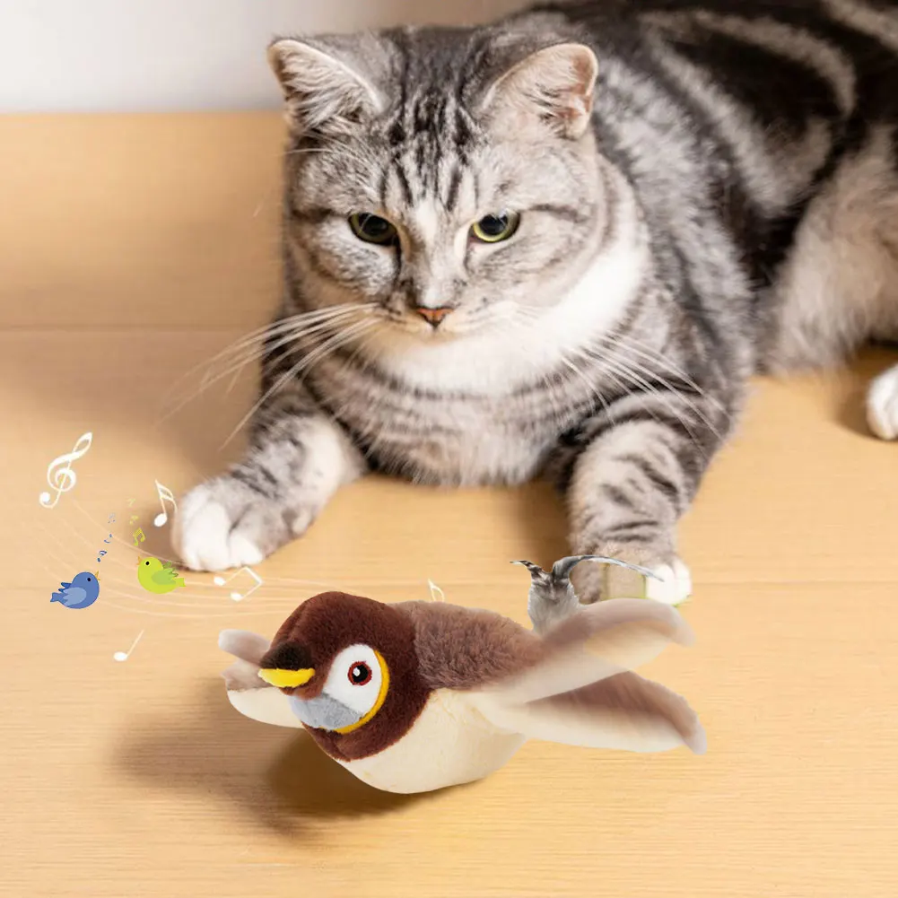 Interactive Electric Cat Toy Fluttering Sparrow Realistic Bird Cat Toy Bird Chirping Cat Toy Plush Cats Pet Play Accessories