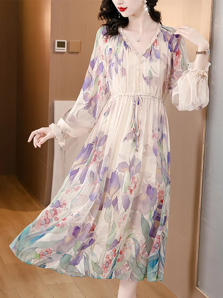 Vestido boho de babados manga comprida, seda floral, besch elegante, vestido de férias, vintage coreano, baile de baile, primavera, verão, 2023, 2023