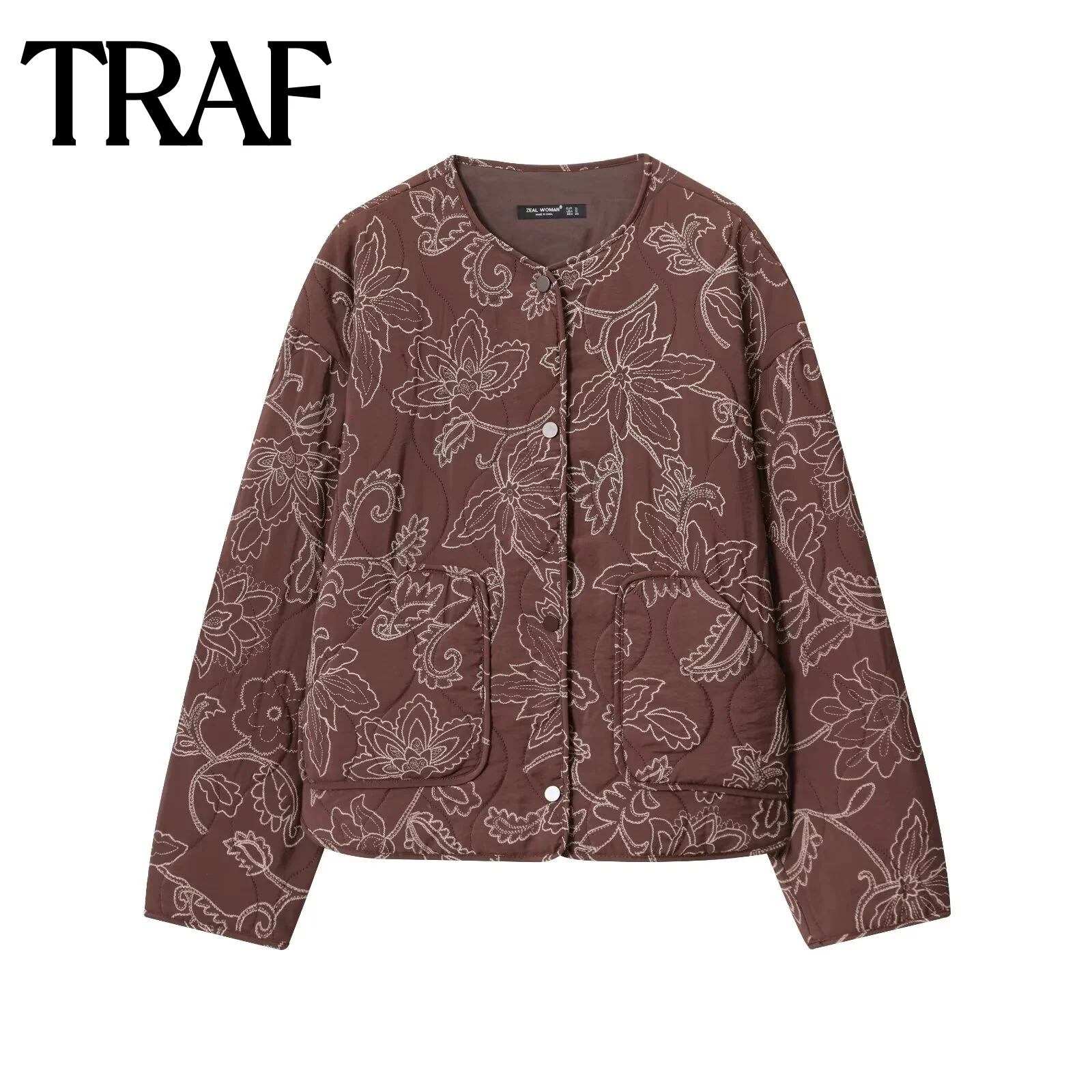 

TRAF round neck long sleeved single row button women's clothing 2025 autumn new casual simple quilted coating jacket