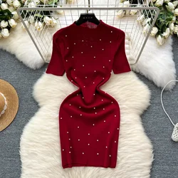 Red Beading Summer Women's Knitting Sheath Short Dress Female Bodycon Knitted Short Sleeve Mini Dresses For Woman Outfits