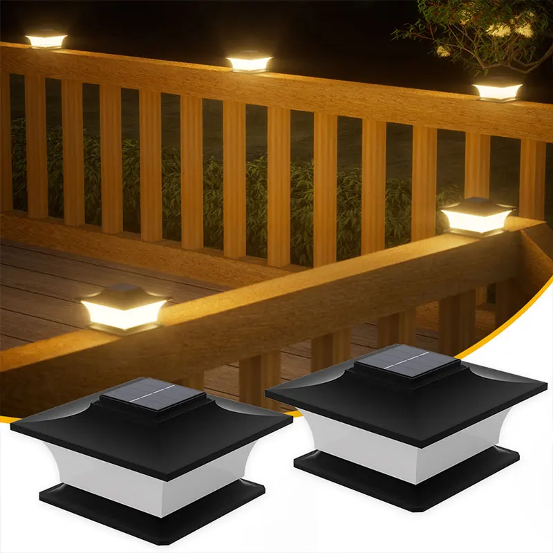 Pop Black Shell Solar Post Top Light 2LED IP65 Outdoor Fence Lamp Post Deck Cap Lights For Garden Courtyard Cottage Gate Wall De