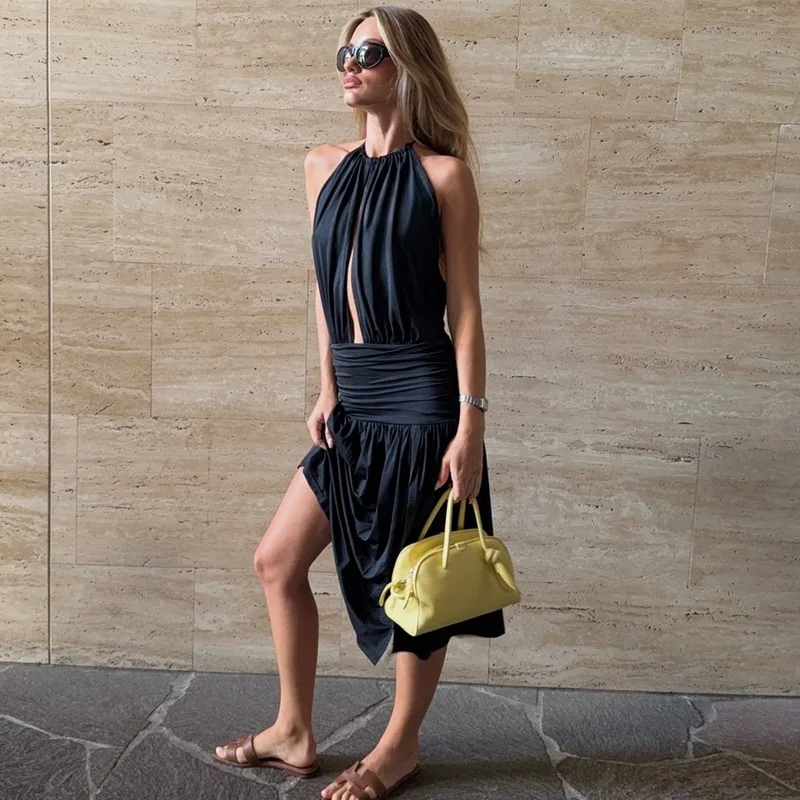 

Sexy Black Halter Backless Split Midi Dress Women's Deep V Neck Backless Strap Pleated Waist Slit Dress Elegant Party Lady Robe