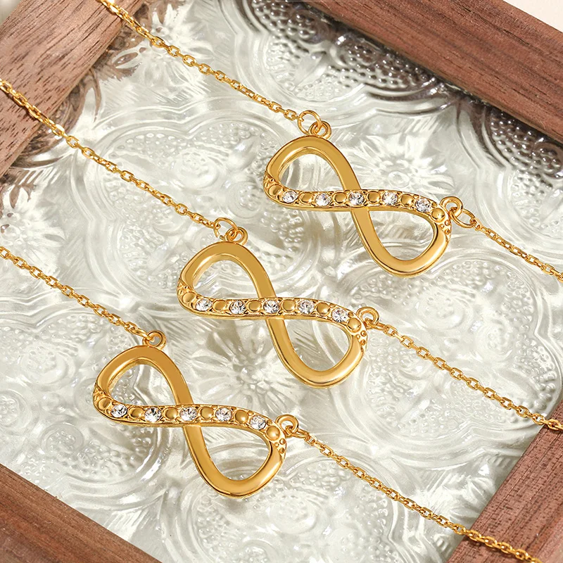 Lucky Number 8 Pendant Infinity Symbol Clavicle Chain Elegant Luxurious Zircon Waterproof Gold Plated Steel Necklace for Women