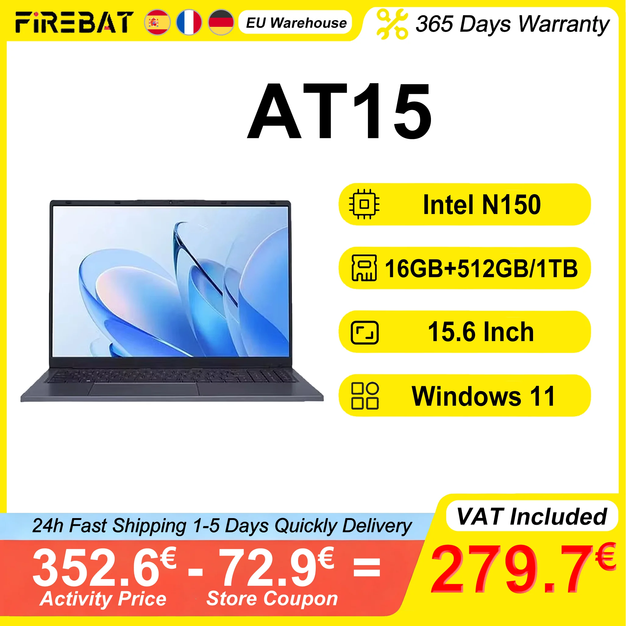 Firebat AT15 15,6 inch Full HD 16GB DDR4 512GB/1TB SSD Intel N150 Windows 11 Light Business Computer Notebook BT4.2 WiFi5
