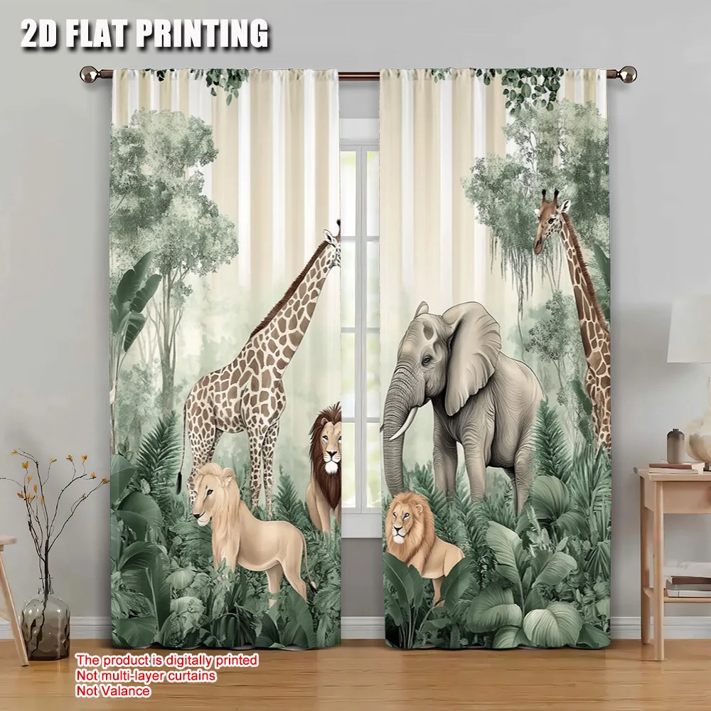 2pcs 2D flat printing Window Curtains Animal Jungle Giraffe Elephant Lions Machine Washable Fabric Without Electricity Festive