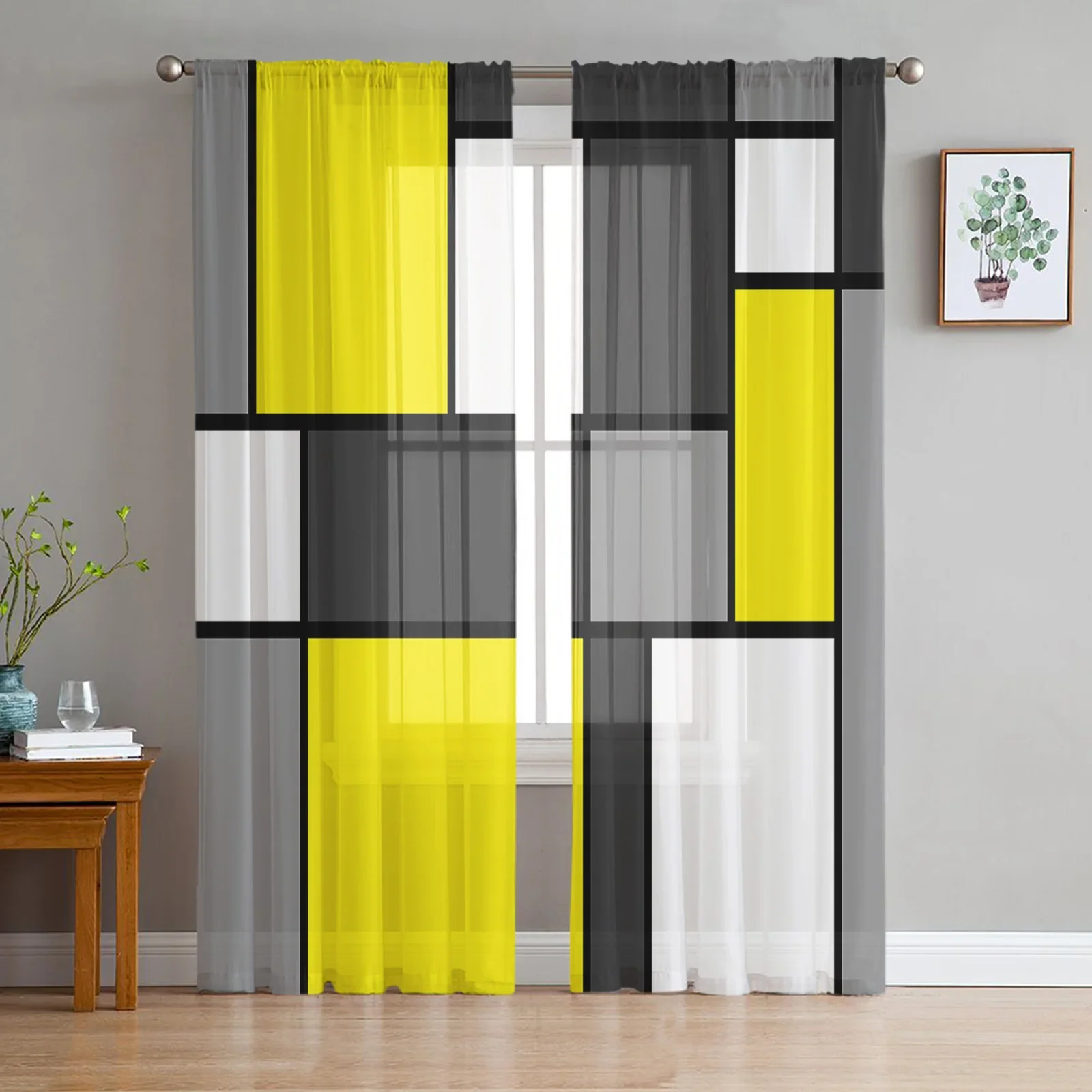 Geometric Figures Yellow Abstract Sheer Curtains for Living Room Decoration Window Curtain Kitchen Tulle Voile Organza Drapes