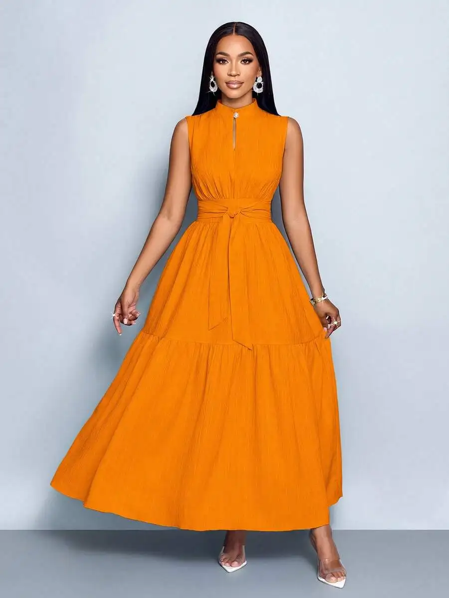 

Orange Stand Collar Sleeveless Cinched Waist Tiered Maxi Dress Women Elegant Casual Fashion