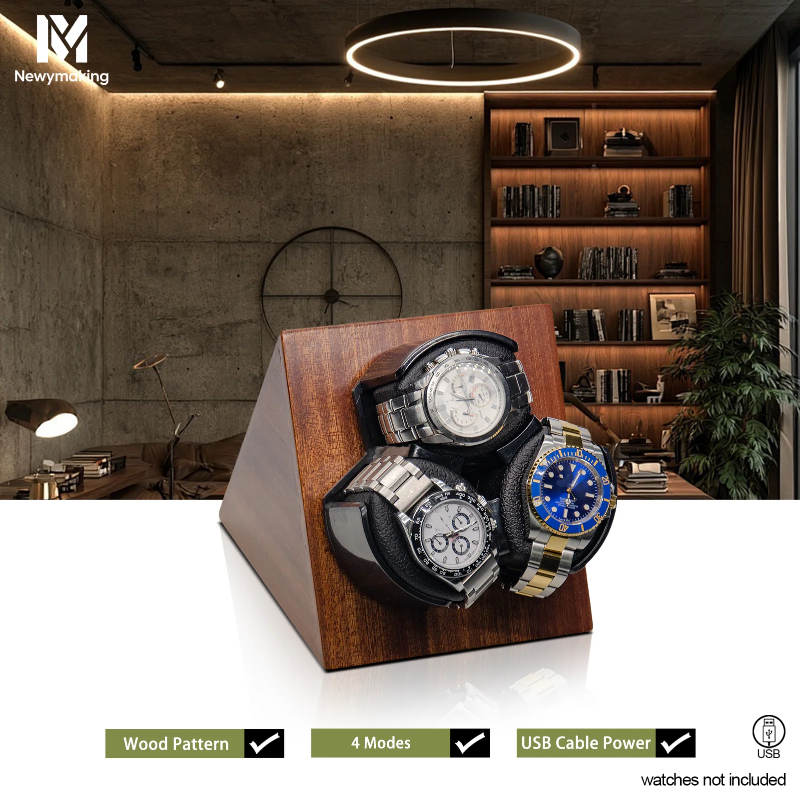 3 Slots Watch Winder Wooden Triangle Automatic Watch Winder Box USB Power Supply for Mechanical Watches Storage Display Case