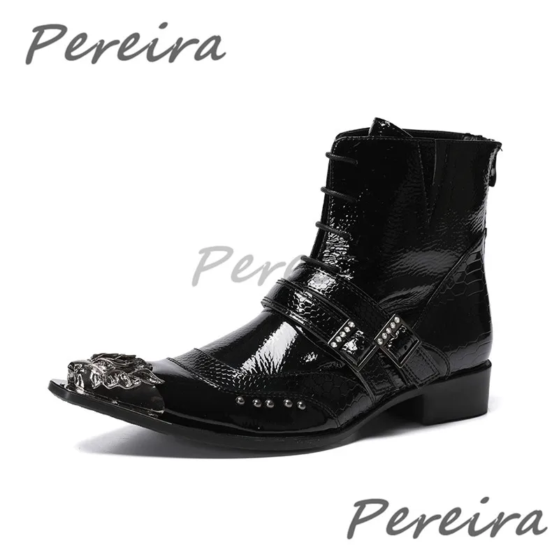 Men Metal Pointed Toe Patent Leather Chelsea Boots Belt Buckle Strap Lace-Up Low Heel Short Boots Fashion Party Dress Shoes