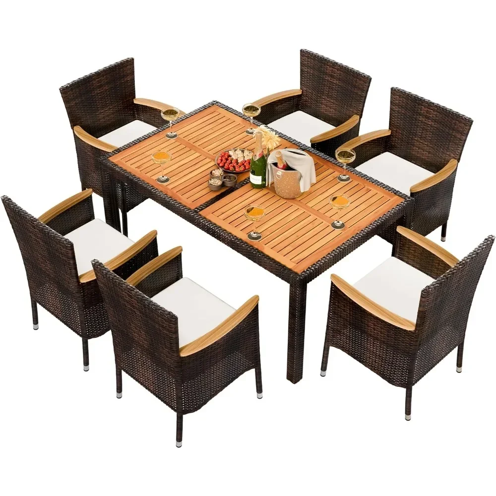 

7 Piece Patio Dining Set, Wicker Patio Conversation Set with Wood Table Top, Outdoor Retro Table and Chairs with Soft Cushions