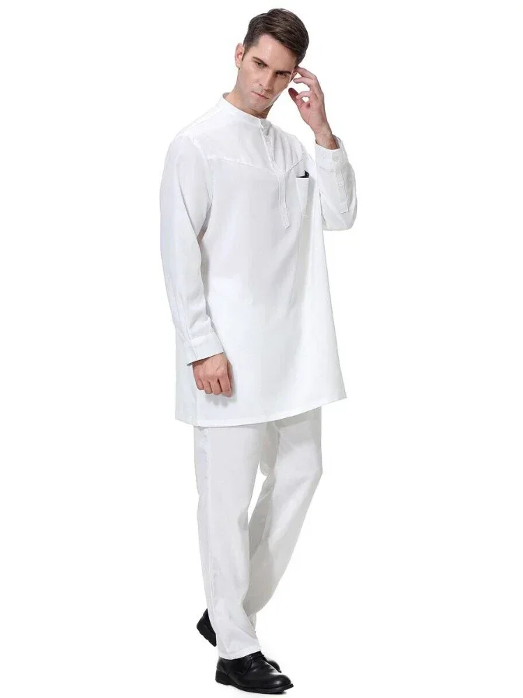 Arabia Saudita Uomini Musulmani Jubba Thobe 2 Pezzi Set Djellaba Pakistan Caftano Dubai Abaya Top Pantalone Islamico Ramadan Djellaba Homme