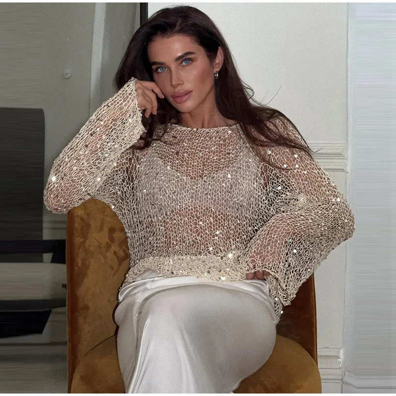 Elegante Pailletten Stricken Frauen Pullover Mode Glitter Rollkragen Volle Hülse Weibliche Pullover Lose Beiläufige Dame High Street Oberbekleidung – Detail 2