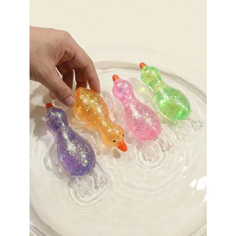 Transparent Glitter Sequins Duck Squishy Soft TPR Squeeze Toy Stress Relief Fidget Toy Cartoon Animal Sensory Decompression Kids