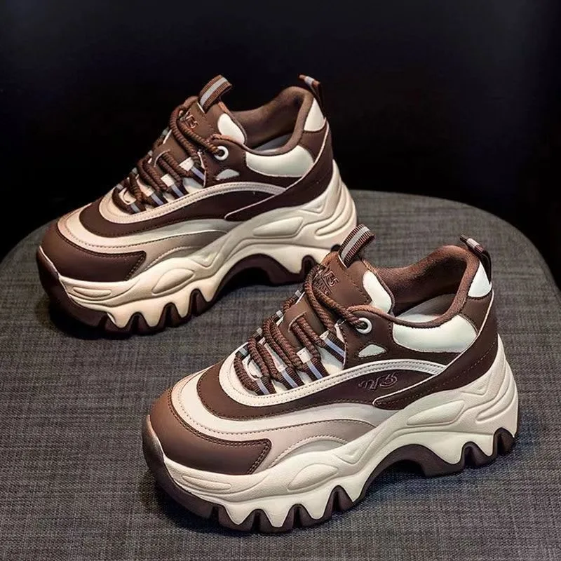 Women Casual Shoes 8CM Fashion Height Increasing Thick Bottom Spring Platform Leather Woman Chunky Sneakers zapatos de mujer