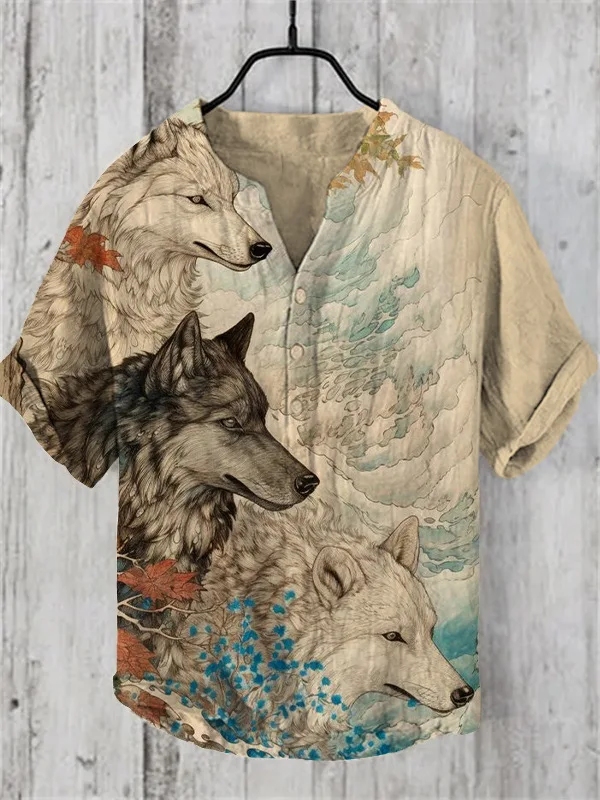 Men\'s casual fashion assassin print Chinese style linen short sleeved shirt loose fit V-neck top