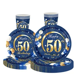 8Guests Blue Happy 50th Birthday Disposable Tableware Cheer Gold 50th Paper Plate Napkin Adult Happy 50 Year Old Birthday Decor