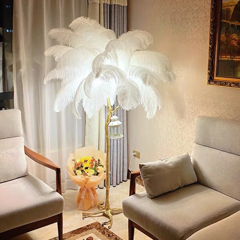 American Resin Floor Lamps Living Room Bedroom Ostrich Feather LED Vertical Lamps Luxury Designer Cafe Sofasides Hotel Homestay
