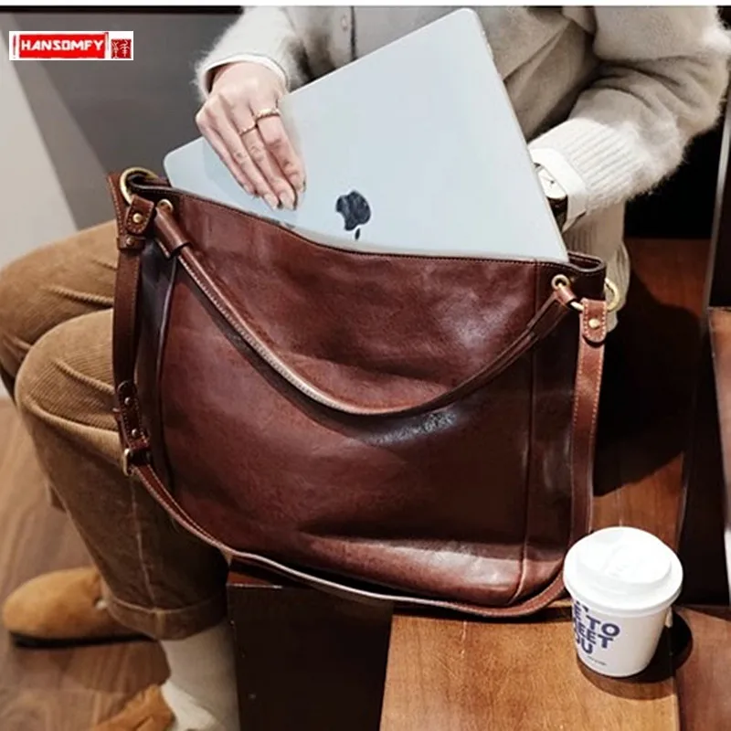 

2024 Genuine Leather Women Handbags Briefcase Large Capacity Tore Bag Commuter 14-15.6 Inch Laptop Bags Portable Shoulder Bags