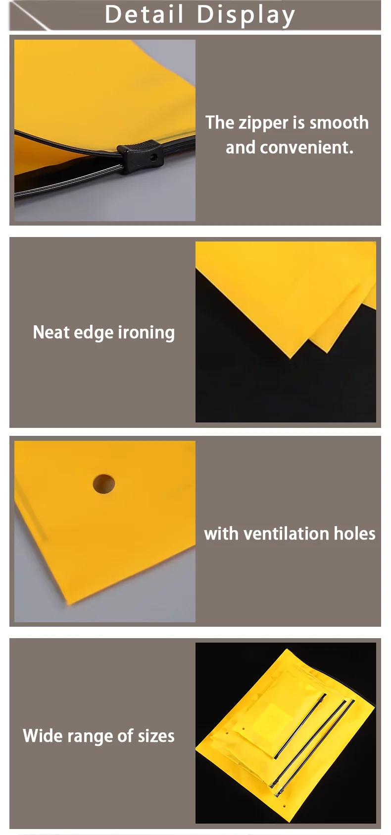 50 Stück gelbe horizontale matte Reißverschlusstaschen für Kleidungsverpackungen, unterstützt individuelles Logo – Detail 3