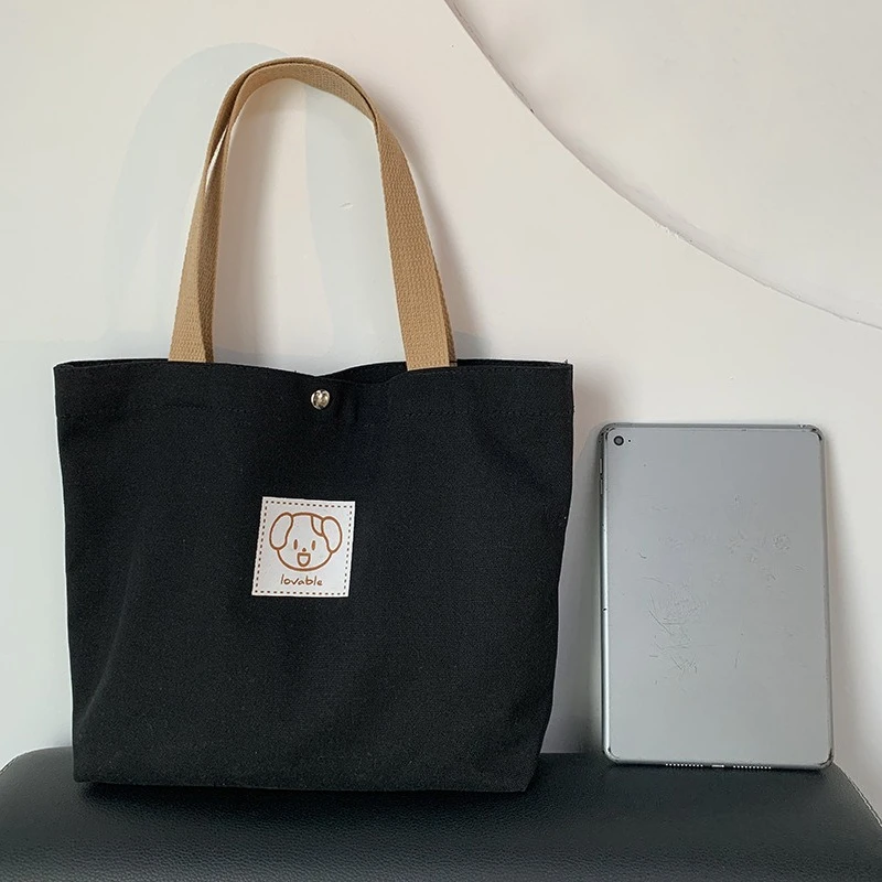 Magnetic Buckle Canvas Tote Bag, Cute Cartoon Tutoring Lunch Bag, School Book Stationery Bag, Small Handbag for Women Daily Use