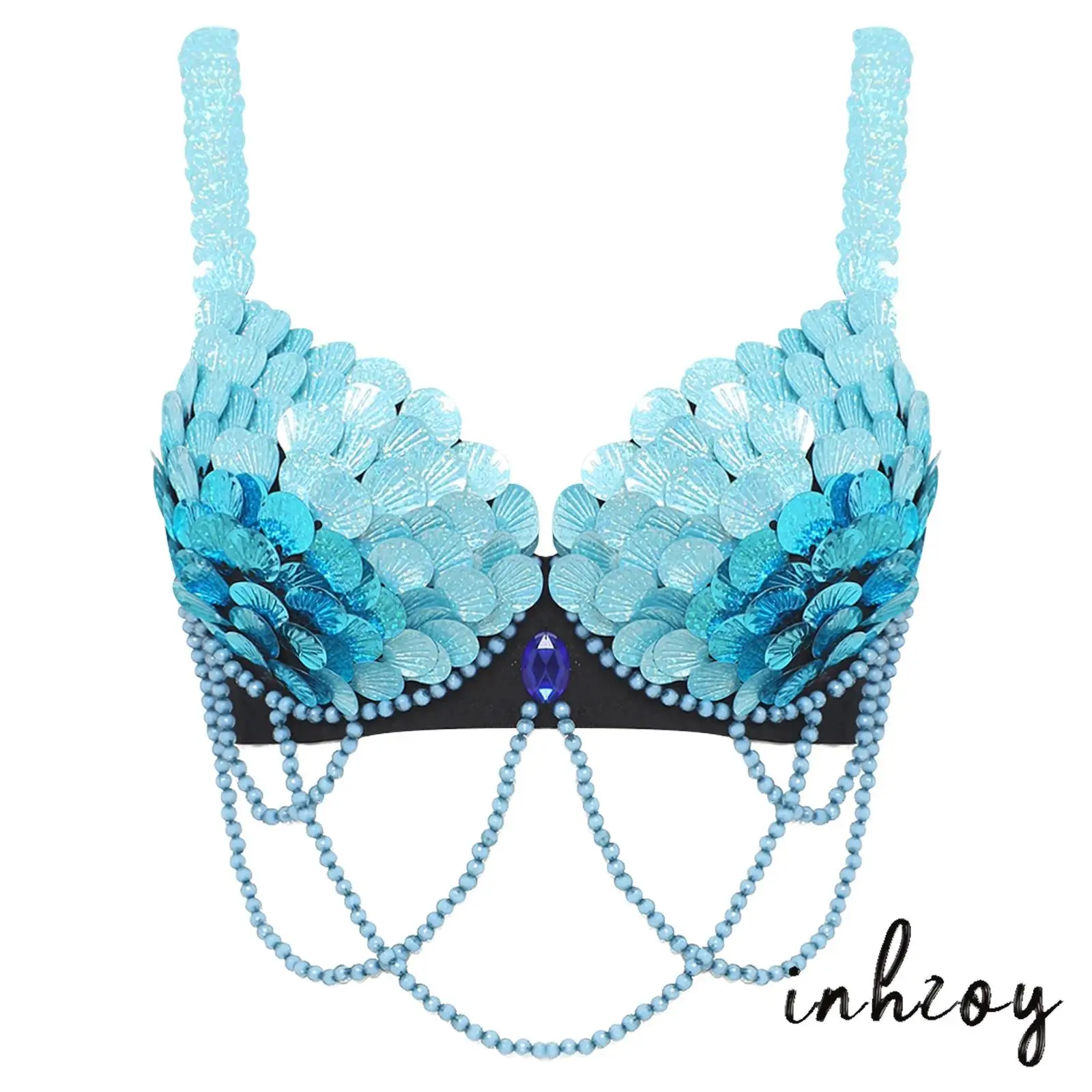 

Womens Belly Dance Bra Top Fish-scale Sequins Playful Decor Push-up Underwire Bralette Balconette for Dancing Mermaid Cosplay