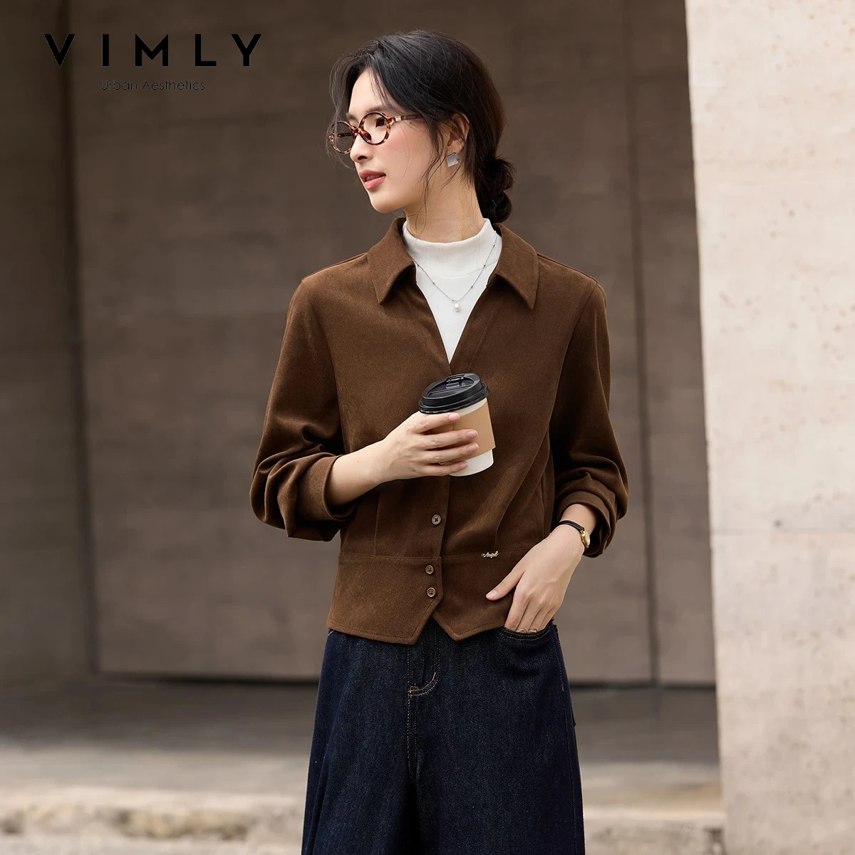 Женская блузка VIMLY абрикосово-кофейного цвета с эффектом двухслойности, воротником-стойкой и длинными рукавами, модель 2026, с цветными вставками, универсальный короткий топ A3399