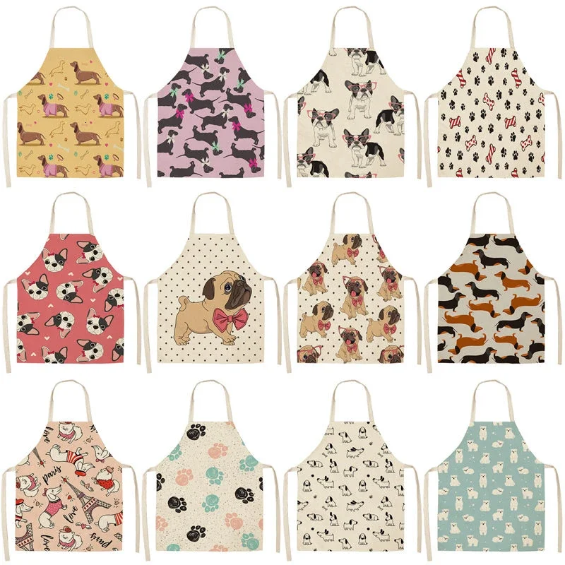 Delantal de cocina con estampado de Bulldog Dachshund para mujer, babero de lino y algodón sin mangas, herramienta de limpieza para hornear en el hogar