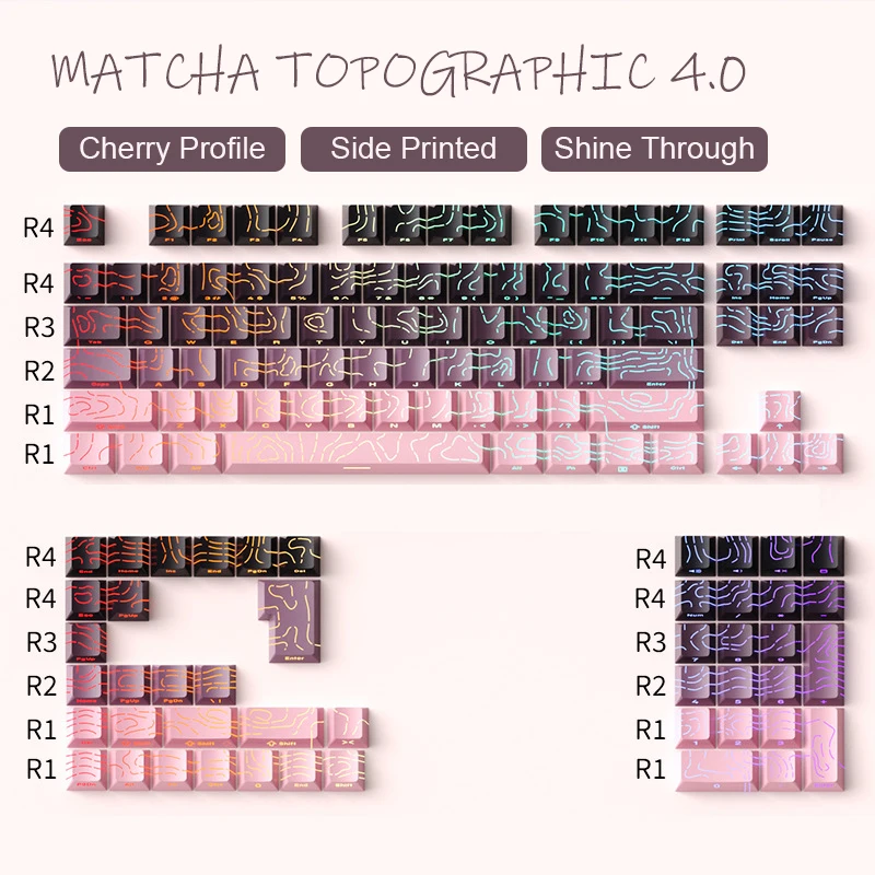 

Колпачки для клавиш Cherry Profile PBT Double Shot Blackberry Topographic 4,0, колпачки для клавиш с боковой печатью и RGB-подсветкой для переключателей MX, игровая клавиатура