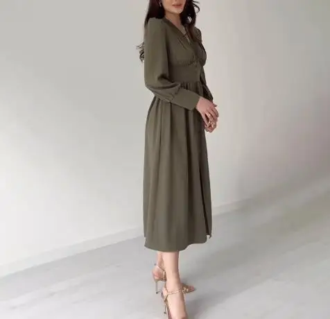 

Womens Dresses 2025 Spring Summer New Solid Color V-Neck Long Sleeve Multi Button Split Splicing High Waist Casual Long Dress