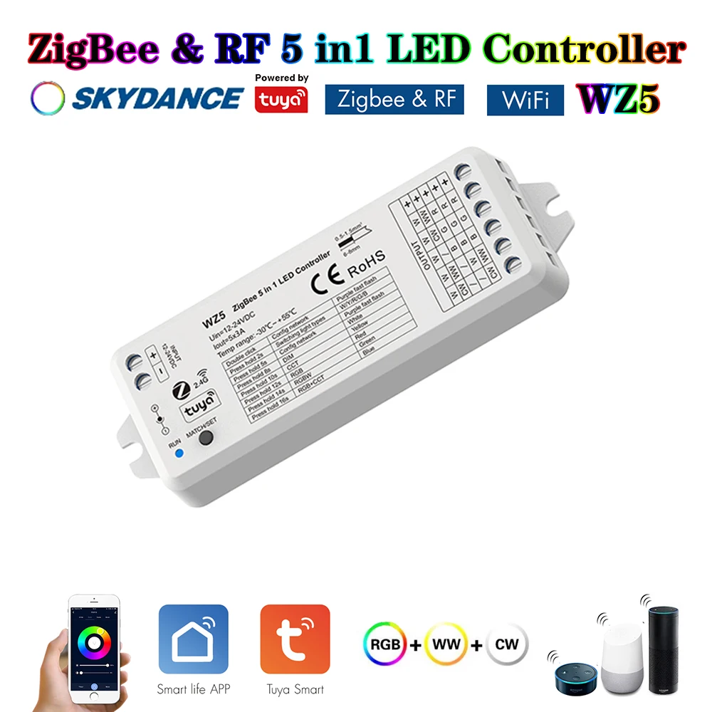 Skydance WZ5 Dc12-36V 5In1 Smart WIFI Zigbee Tuya 2.4GRF Dimmer Controller For Single/Double White RGB RGBW RGBCCT LED strip