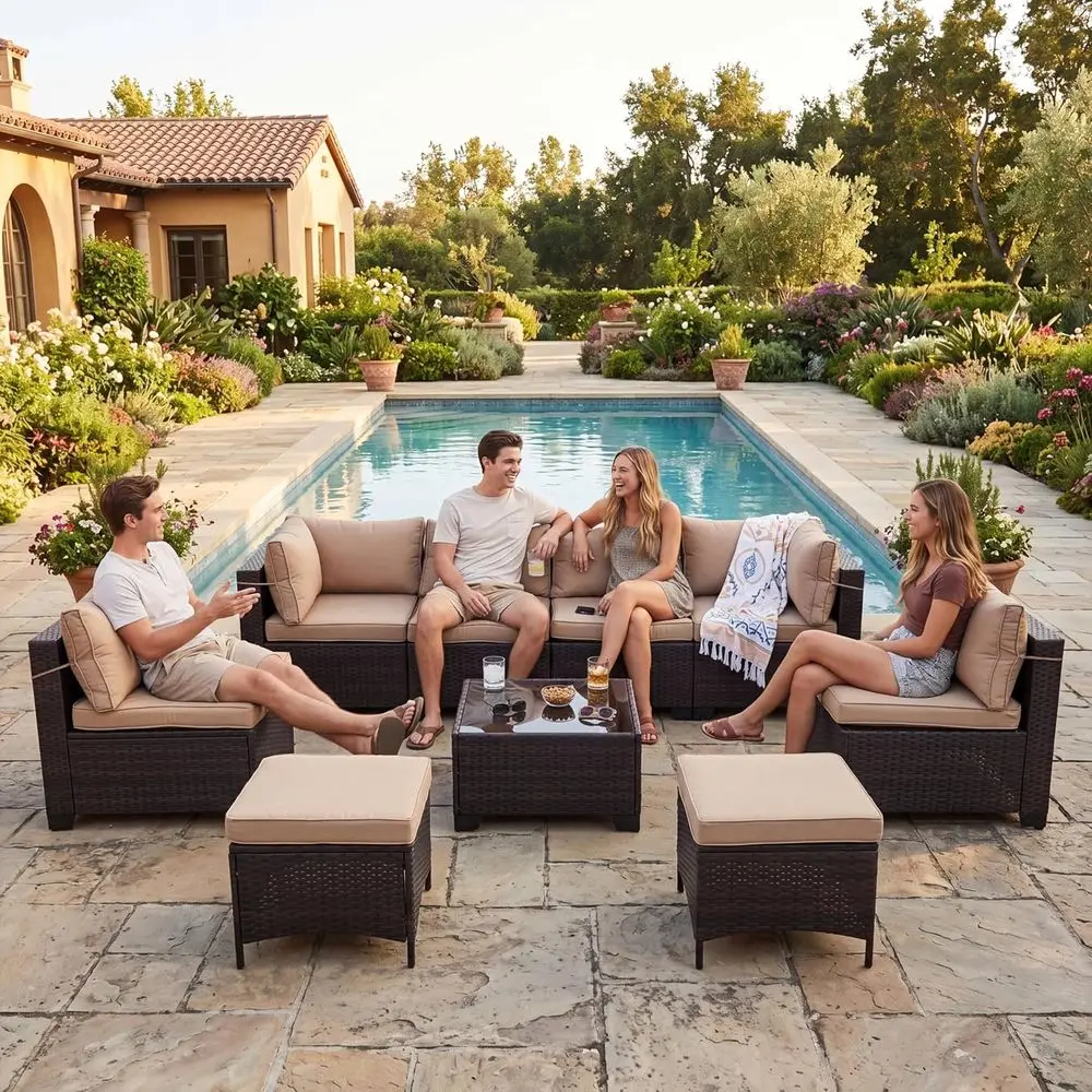 

9 Pieces Outdoor Patio urniture Sets,Rattan Contion Sectional Set,Manual Weaving Wicker Patio Soa,w/Table&Ottoman