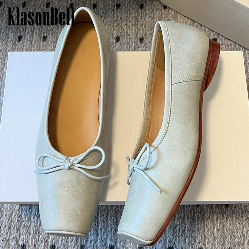 

5.10 KlasonBell New Retro Cowhide Square Toe Bowknot Pumps For Women's Sweet Ballet Flats Mary Janes Shoes