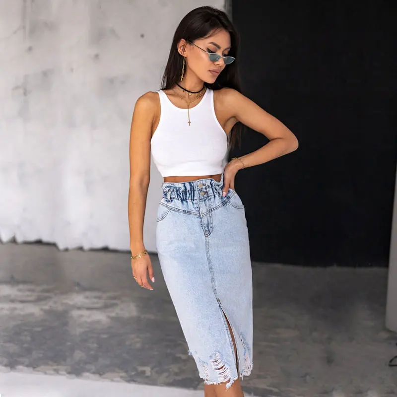 2024 Denim Midi Skirt Ripped Button Elastic Split Light-Colored Washed Denim Pencil Skirts High Waist Ripped Buttock Half-Length