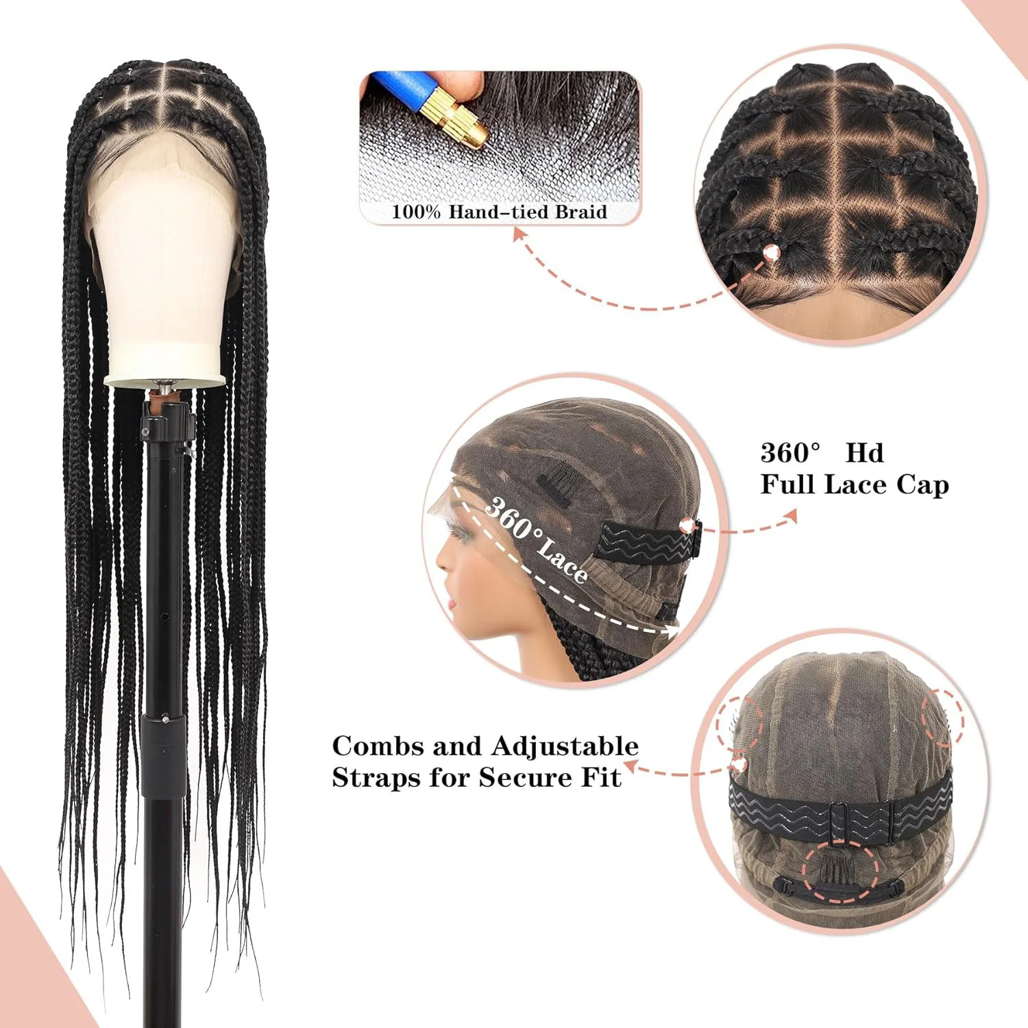 Pelucas trenzadas largas sintéticas, peluca con trenzas en caja, peluca trenzada de encaje completo para mujeres negras, peluca de pelo trenzado frontal de encaje mezclado