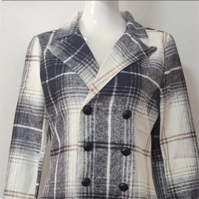 Autumn Plaid Coat Dress Women Causal Office Ladies V-neck Double Breasted Slim Coat Dresses For Woman