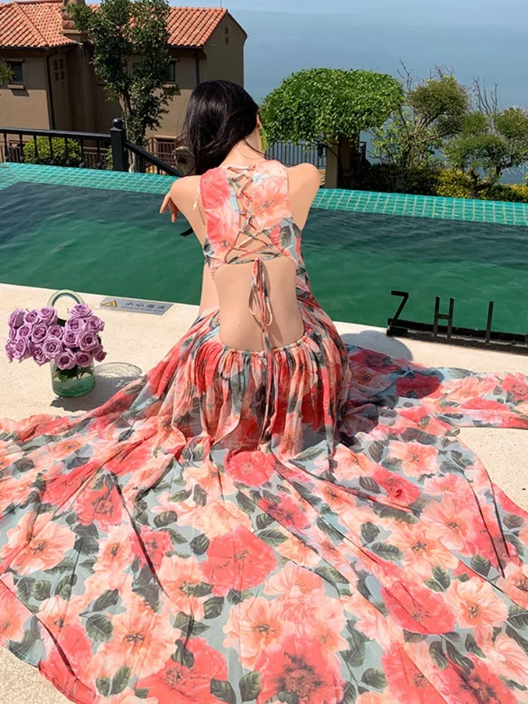 Summer French Sexy Beach Dress Women Bandage V-neck Floral Dresses Ladies Slim A-line Backless Boho Style Long Dress Vestidos