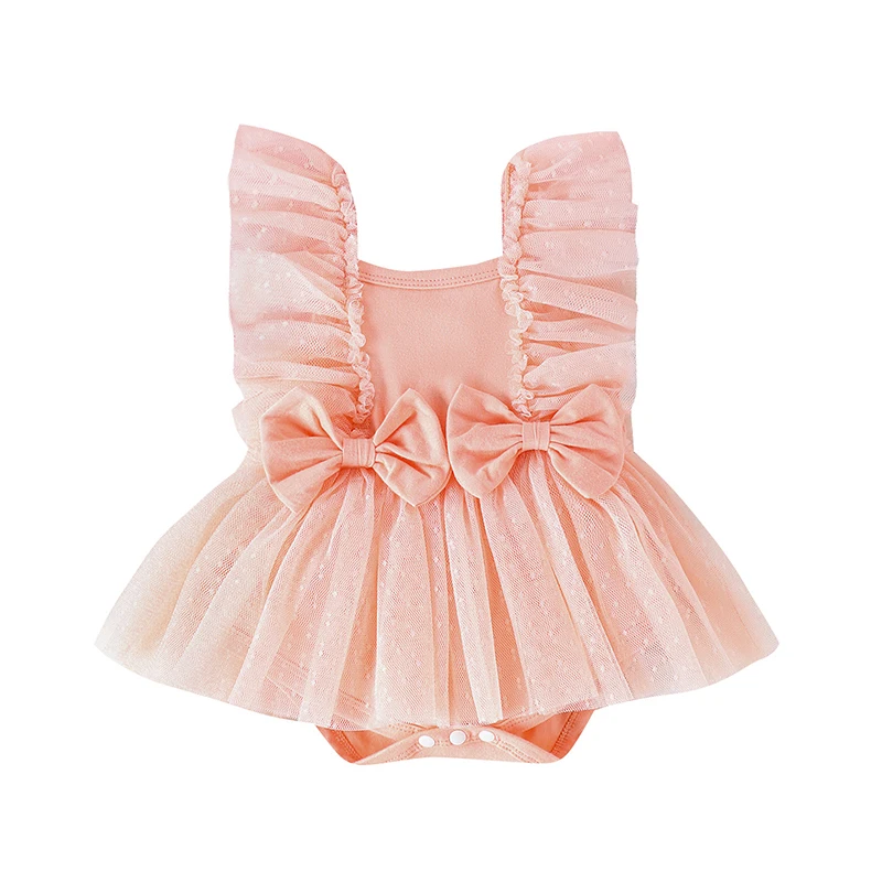 

Infant Baby Girls Tulle Romper Dress Dot Print Flying Sleeve Square Neck Bow Jumpsuit