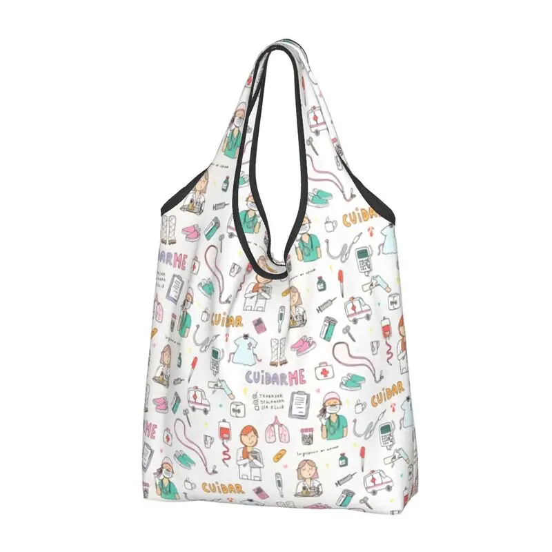 Custom Enfermera En Apuros Doctor Nurse Shopping Tote Bag Women Portable Grocery Shopper Bags Large Capacity Handbag